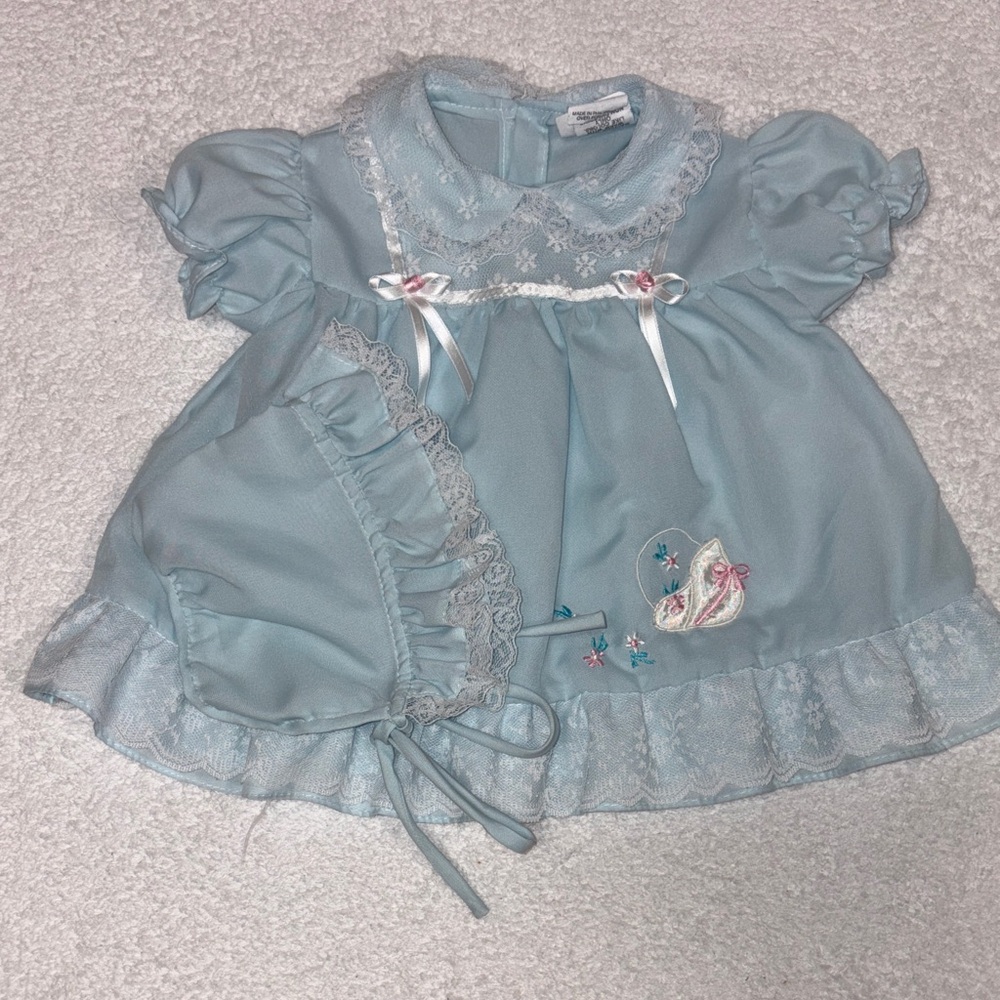 Mayfair vintage blue lace ribbon dress and bonnet 3/6m